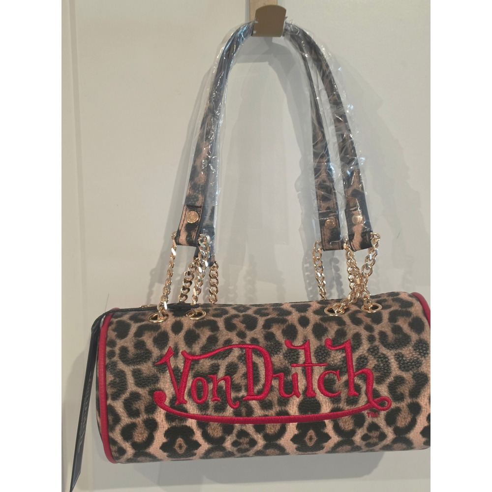 Von Dutch Leopard Print Barrel Bag Red Embroidered Logo Y2K Shoulder Purse NEW